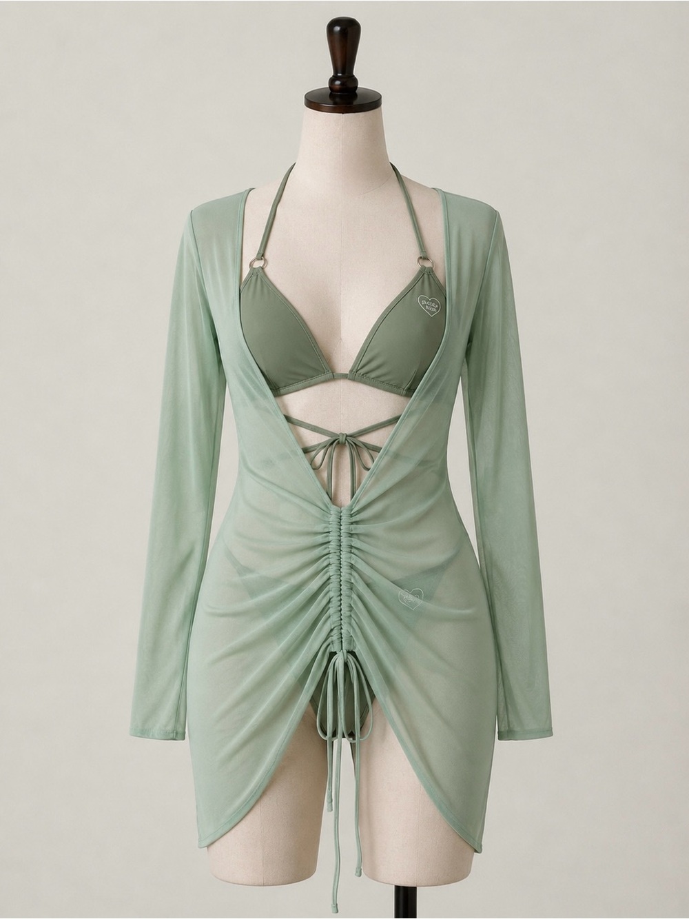 Sage Green Long Sleeve Ruched Front Mesh Mini Dress